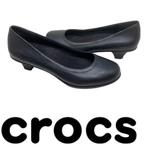 Crocs Work Women's Sz 11 Grace Black Leather Comfort Pumps Kitten Heel Career